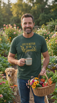 Load and play video in Gallery viewer, Life Is Better in the Garden – Vintage Floral Graphic Unisex Tee -  Cottage Garden Shirt  Gardeners